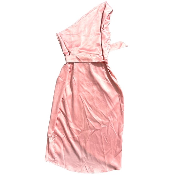 Women's Pink One Shoulder Midi High Low Breezy Unlined Bridesmaid Dress - Picture 6 of 9